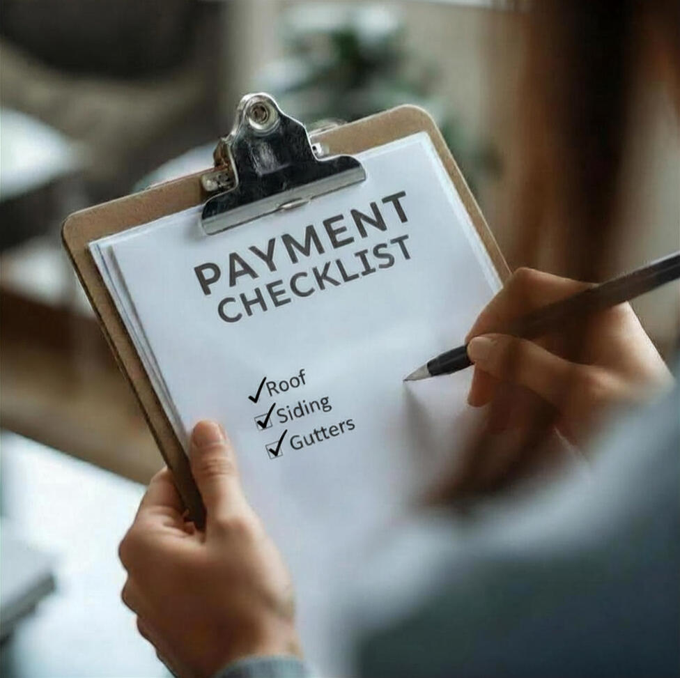 Homeowner reviewing a payment checklist for roof, siding and gutter repairs after a hail or wind damage event.