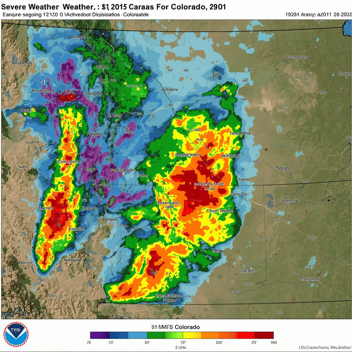 Weather radar showing a severe Colorado storm system that could trigger parametric wind and hail insurance coverage.