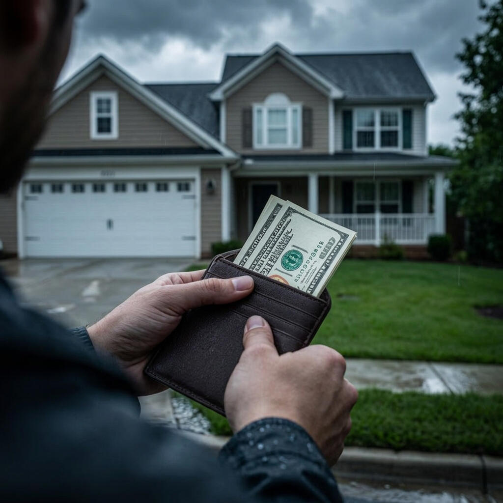 Homeowner holding cash in front of a house, illustrating the out-of-pocket costs that can result from hail and wind damage claims.